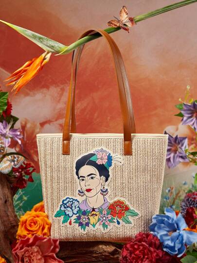 Frida Kahlo X  حقيبة أنيقة للنساء للسفر والتنقل مطبوعة بزهور ورسومات، سعة كبيرة، مناسبة للربيع والصيف، الشاطئ، التنقل، النزهات، الحدائق، والساحل، مناسبة للنساء والطالبات