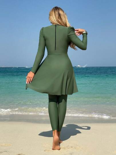 Swim Shayni طقم البوركيني النسائي لون أحادي مكون من ملابس علوية طويلة الأكمام واسعة وبنطال طول كامل، للسباحة وعطلات الشاطئ، ملابس عربية للصيف