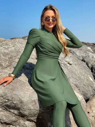 Swim Shayni طقم البوركيني النسائي لون أحادي مكون من ملابس علوية طويلة الأكمام واسعة وبنطال طول كامل، للسباحة وعطلات الشاطئ، ملابس عربية للصيف