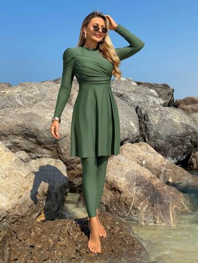 Swim Shayni طقم البوركيني النسائي لون أحادي مكون من ملابس علوية طويلة الأكمام واسعة وبنطال طول كامل، للسباحة وعطلات الشاطئ، ملابس عربية للصيف
