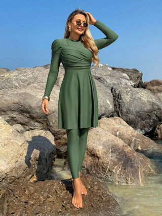 Swim Shayni طقم البوركيني النسائي لون أحادي مكون من ملابس علوية طويلة الأكمام واسعة وبنطال طول كامل، للسباحة وعطلات الشاطئ، ملابس عربية للصيف
