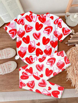 بيجاما 2 قطعة مجموعة بيجاما لفتيات المراهقات، تي شيرت أكمام قصيرة بطبعات كرتونية لطيفة ونقوش قلوب وبنطلون مريح، مناسبة للربيع/الصيف