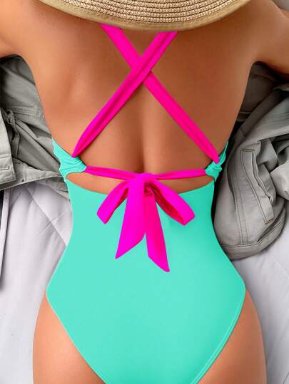 SHEIN Swim بدلة سباحة نسائية ذات لون متباين، بدلة سباحة ذات قطعة واحدة لفصل الصيف