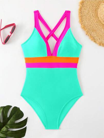 SHEIN Swim بدلة سباحة نسائية ذات لون متباين، بدلة سباحة ذات قطعة واحدة لفصل الصيف