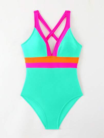 SHEIN Swim بدلة سباحة نسائية ذات لون متباين، بدلة سباحة ذات قطعة واحدة لفصل الصيف