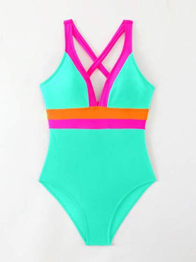 SHEIN Swim بدلة سباحة نسائية ذات لون متباين، بدلة سباحة ذات قطعة واحدة لفصل الصيف