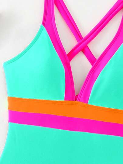 SHEIN Swim بدلة سباحة نسائية ذات لون متباين، بدلة سباحة ذات قطعة واحدة لفصل الصيف