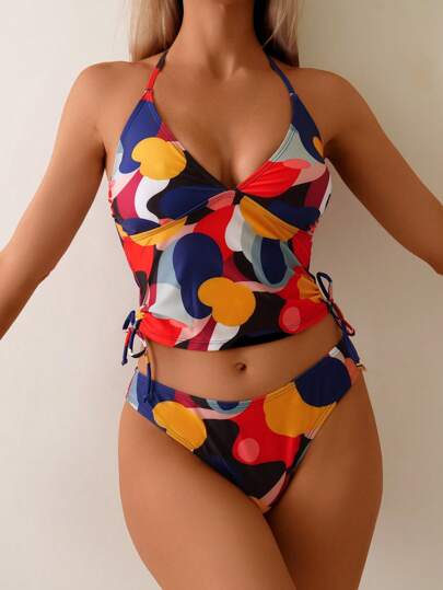 طقم تانكيني حريمي Swim طقم ملابس سباحة بيكيني الأنثى ذو قطعتين، تصميم هندسي عشوائي الطباعة على قماش الحلقة العنق