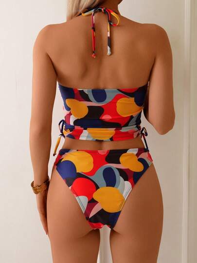 طقم تانكيني حريمي Swim طقم ملابس سباحة بيكيني الأنثى ذو قطعتين، تصميم هندسي عشوائي الطباعة على قماش الحلقة العنق