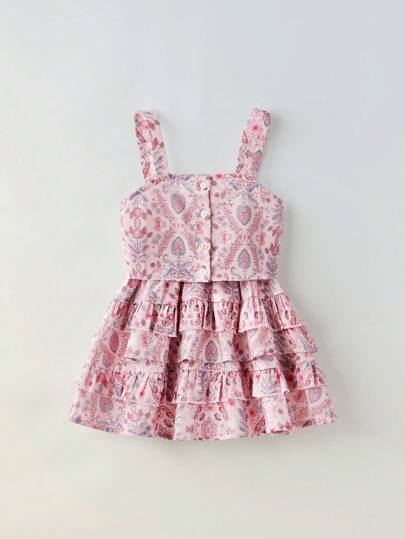 SHEIN Maija Kids فستان قصير للفتاة الصغيرة بطبعة زهور عتيقة، حواف مكشكشة بأربطة قابلة للتعديل، طقم من قطعتين للاستخدام في الخارج والمنزل والمدرسة والعطلات، بطراز بوهو في فصلي الربيع والصيف