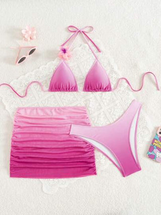 Swim SXY 3 قطع مجموعة بكيني وردي تدرجي أنيق وحلو وجذاب مع تنورة شيفون، ملابس شاطئ لإطلالة صيفية في إيبيزا