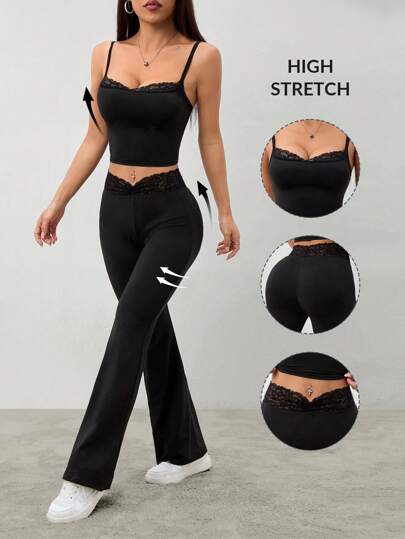 SHEIN PETITE مجموعة قطعتين للنساء من السروال الأسود صدرية مخرمة الدانتيل ربطات السراويل + أقدام جرس الضيقة