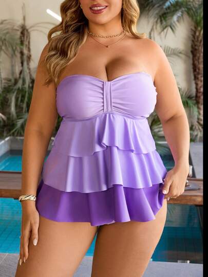 SHEIN Swim Lushore بدلة سباحة مكونة من قطعتين للنساء البدينات، مصنوعة من مادة مرنة بلون واحد وأشرطة قابلة للتعديل، مناسبة للشاطئ والإجازات الصيفية