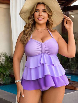 SHEIN Swim Lushore بدلة سباحة مكونة من قطعتين للنساء البدينات، مصنوعة من مادة مرنة بلون واحد وأشرطة قابلة للتعديل، مناسبة للشاطئ والإجازات الصيفية