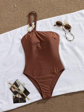 مايوه حريمي قطعة واحدة Swim Chiccia بدلة سباحة جديدة لإناث بقطعة واحدة، عاكسة للضوء، على طراز متقشف، منسدلة بشكل لطيف، مزينة بالتفاصيل المعدنية، بحزام رقبة