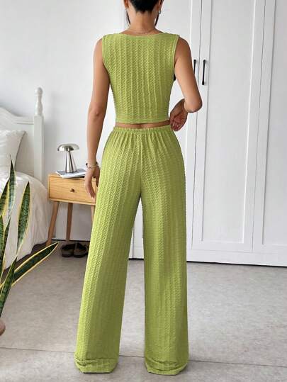EZwear طقم ملابس علوية للياقة العنق ذات ربطة باللون الأخضر الداكن النسيج المفتول مع بنطلون