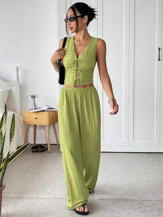 EZwear طقم ملابس علوية للياقة العنق ذات ربطة باللون الأخضر الداكن النسيج المفتول مع بنطلون