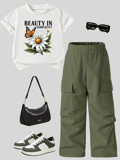 SHEIN طقم (تي شيرت بأكمام قصيرة مطبوع عليه حرف وفراشة وسروال كارجو) للبنات الصغار