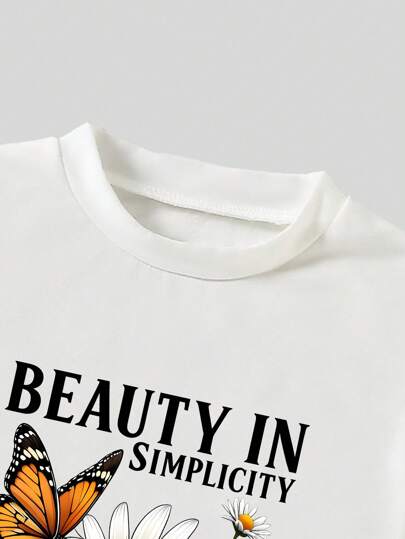 SHEIN طقم (تي شيرت بأكمام قصيرة مطبوع عليه حرف وفراشة وسروال كارجو) للبنات الصغار