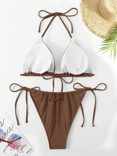 SHEIN Swim Curve مجموعة بكيني مربوطة بشكل مثلث من قطعتين بلون واحد للمرأة بقياسات كبيرة، ملابس سباحة أنيقة وجذابة