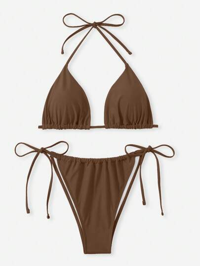 SHEIN Swim Curve مجموعة بكيني مربوطة بشكل مثلث من قطعتين بلون واحد للمرأة بقياسات كبيرة، ملابس سباحة أنيقة وجذابة