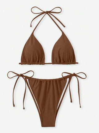 SHEIN Swim Curve مجموعة بكيني مربوطة بشكل مثلث من قطعتين بلون واحد للمرأة بقياسات كبيرة، ملابس سباحة أنيقة وجذابة