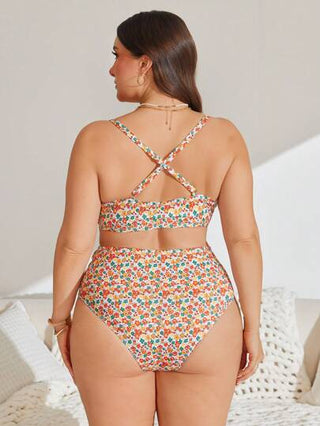 Swim Mod بنطلون قصير وشورت مجموعة بيكيني مناسبة لقياسات كبيرة، طقم ملابس علوية مطبوع بنقشة زهور ورباط خصر وبنطال مجعد للسباحة والشاطئ في فصل الصيف