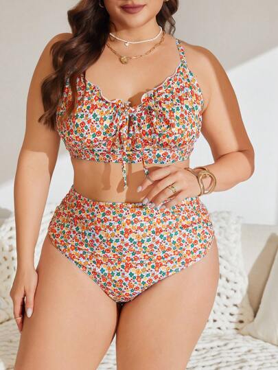 Swim Mod بنطلون قصير وشورت مجموعة بيكيني مناسبة لقياسات كبيرة، طقم ملابس علوية مطبوع بنقشة زهور ورباط خصر وبنطال مجعد للسباحة والشاطئ في فصل الصيف