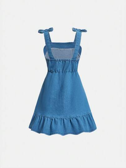 SHEIN Elladie kids فستان قصير كاجوال للبنات مزين بفيونكة جينز، حمالات متجعدة، بلا أكمام، خفيف الوزن، أنيق ومريح للصيف