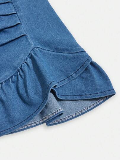 SHEIN Elladie kids فستان قصير كاجوال للبنات مزين بفيونكة جينز، حمالات متجعدة، بلا أكمام، خفيف الوزن، أنيق ومريح للصيف