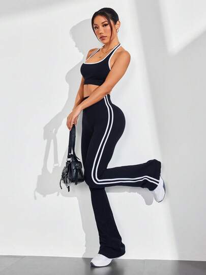 SHEIN Sport Studio طقم ملابس رياضية للنساء من سروال ذو ساق واسعة وتوب بدون غرز مشدود عالي المرونة لليوغا، طقم لياقة بدنية