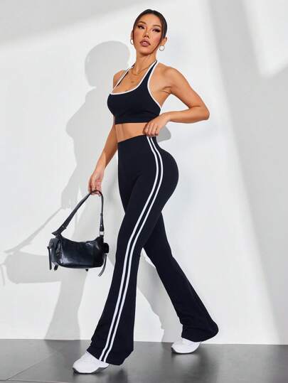 SHEIN Sport Studio طقم ملابس رياضية للنساء من سروال ذو ساق واسعة وتوب بدون غرز مشدود عالي المرونة لليوغا، طقم لياقة بدنية