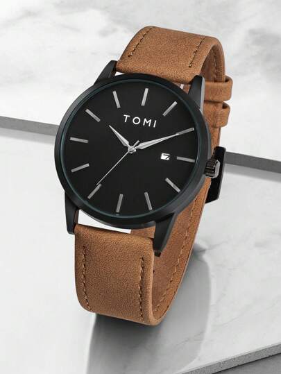 ساعة TOMI 1 قطعة من سبيكة الزنك والجلد، تصميم عصري بسيط، مناسبة للمراهقين، مثالية للاستخدام اليومي وهدايا العطلات