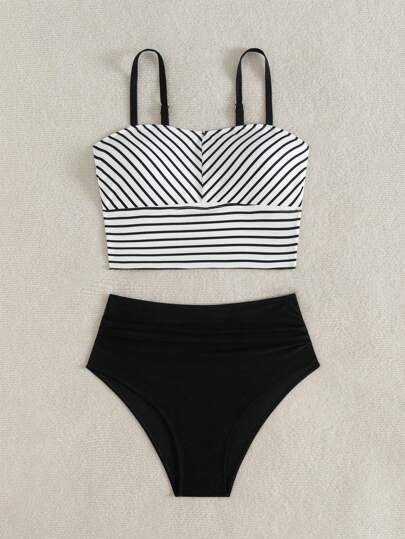 طقم تانكيني حريمي Swim Vcay طقم سباحة تانكيني تصميم ألوان كتل مع أحزمة سباغيتي، مناسب للنساء لارتداء في الصيف في الشاطئ والإجازات