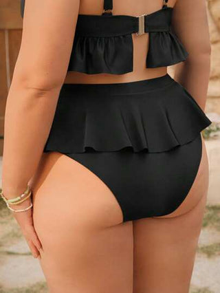 SHEIN Swim Mod قطعة سفلية بكشكشة للمرأة ذات القياسات الكبيرة بلون أسود، بيكيني، عطلة صيفية بالبحر