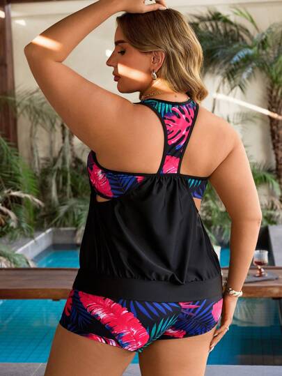 Swim Lushoire بدلة سباحة حجم كبير قطعتين، ملابس علوية بنمط مطبوع وفتحات عريضة وبناطيل ضيقة ومرشقة، مناسبة للعطلات والاستخدام اليومي