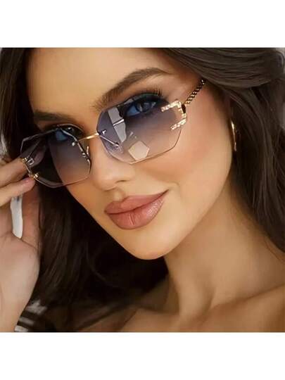 1 نظارة شمسية أنيقة بعدسات متعددة الأضلاع بلا إطار للإناث، بتصميم أوروبي وأمريكي شخصي فريد من نوعه، ذات ظل تدرجي متقاطع، لإطلالة أنيقة في رحلات العائلة والخارجية والإجازات الصيفية والشاطئية والسفر