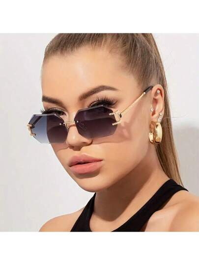 1 نظارة شمسية أنيقة بعدسات متعددة الأضلاع بلا إطار للإناث، بتصميم أوروبي وأمريكي شخصي فريد من نوعه، ذات ظل تدرجي متقاطع، لإطلالة أنيقة في رحلات العائلة والخارجية والإجازات الصيفية والشاطئية والسفر