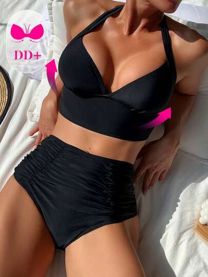 طقم تانكيني حريمي Swim DD+ قطعتان ملابس سباحة تنكيني ذات خصر مرتفع وربطة ذاتية اللون، طراز عطلة الربيع للسيدات، أناقة حفلات الشاطئ الكاجوال، للاستخدام الصيفي