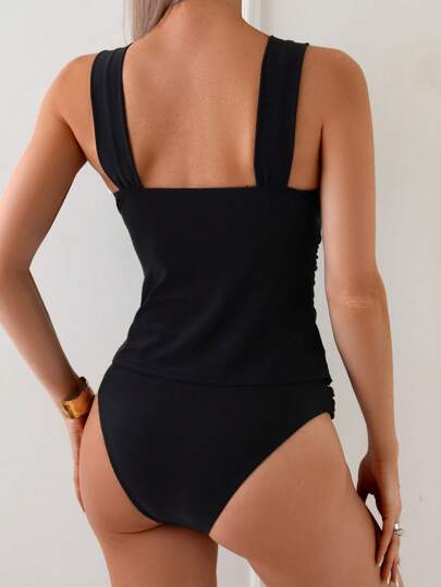 طقم تانكيني حريمي Swim Lushoire قطعتان من مجموعة تانكيني بحمالة سوداء قطعة واحدة وقطعة سفلية للسباحة، منتج كاجوال مناسب للعطلات والشواطئ الصيفية للنساء