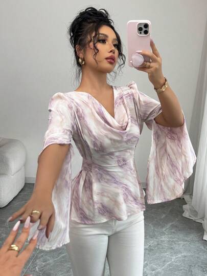 Modelyn بلوزة نسائية فضفاضة بأكمام طويلة وربطة خصر باللون البنفسجي