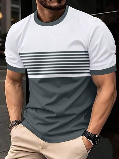 Manfinity Homme تي شيرت تي شيرت كاجوال قصير الأكمام برقبة دائرية مع طباعة مخططة للرجال