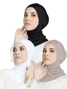 3 قطع مجموعة مكونة من ألوان ثابتة عصرية للمرأة، تشمل غطاء ذقن مرن، طرحة ذات غطاء مريح والطرحة الإطار، مناسبة للارتداء اليومي مع فستان عباية كأساس. طرحة نسائية منفذة للهواء تحت الغطاء