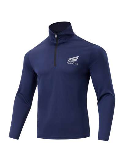 Manfinity Sport Polished تي شيرت رياضي كاجوال للرجال بياقة سحاب وطباعة حرفية بأكمام طويلة