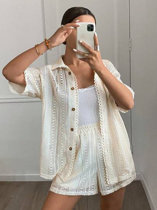 Serisse مجموعة ملابس علوية كم قصير فضفاضة وشورت من لون سادة للنساء، بتصميم بسيط وأنيق للارتداء اليومي والكاجوال