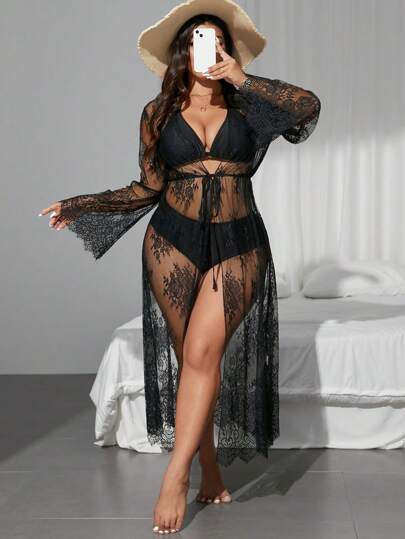 Swim Lushoire غطاء رداء حريمي كبير الحجم قطعة واحدة بنمط زهور عشوائي من الدانتيل، جذاب للاستخدام في حمام السباحة أو في العطلات الصيفية على الشاطئ