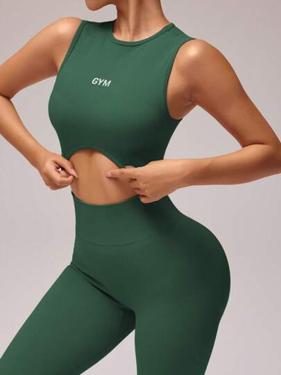 Yoga Basic مجموعة رياضية للنساء من ملابس علوية خزان له طبعة حرف وتصميم حاشية غير متماثل مع سروال رياضي قطعتان بتصميم دون منفذ للملابس الرياضية مجموعة سروال رياضي للنساء