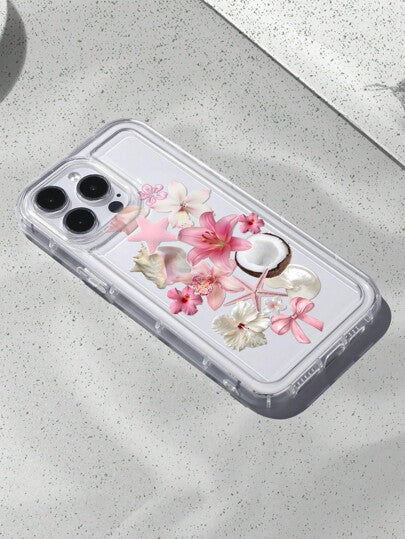 غطاء شفاف متوافق مع هاتف iPhone مطبوع بنقشة الأزهار جوز الهند وتصميم المحيط