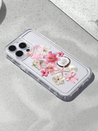 غطاء شفاف متوافق مع هاتف iPhone مطبوع بنقشة الأزهار جوز الهند وتصميم المحيط