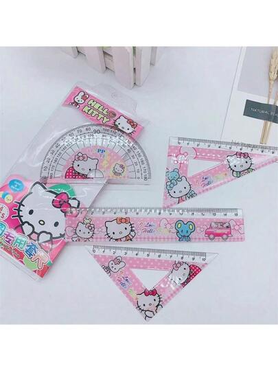 أدوات مكتبية ومدرسية Sanrio (معتمد) طقم مسطرة طالب كرتونية مكون من 4 قطع: مسطرة مثلثة ، منقلة ، مسطرة ، قرطاسية متكاملة للتعلم، ثلاثة أنماط للاختيار من بينها كمستلزمات تعليمية أساسية لموسم العودة إلى المدرسة